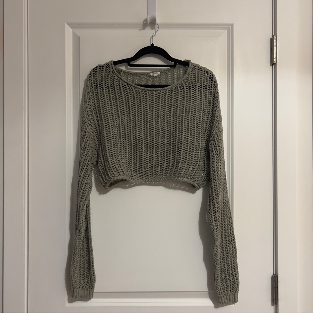 Garage Sage Green Cotton Boatneck Crochet Knit Top